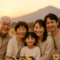 三世代旅行で秋のバーベキューを楽しむ家族