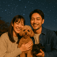 愛犬と星空を楽しむ30代夫婦