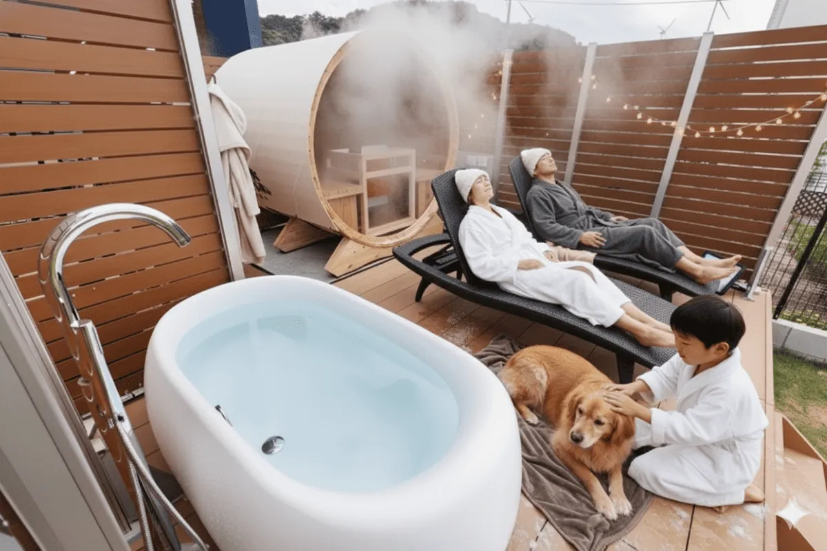冬のデッキで家族がサウナと外気浴を楽しみ、愛犬がそばでくつろぐ様子