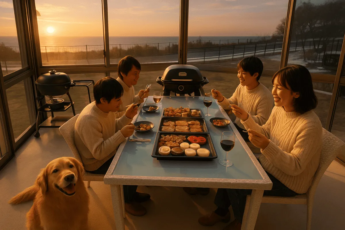 夕暮れのインナーバルコニーで家族と愛犬がBBQを楽しむ様子