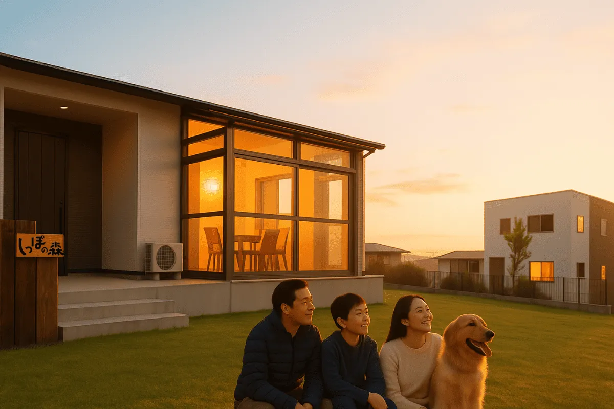 冬の淡路島の朝、芝生で家族と愛犬が穏やかに過ごす様子
