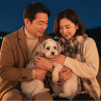 50代前半の夫婦がシニア犬を優しく抱く冬の夜